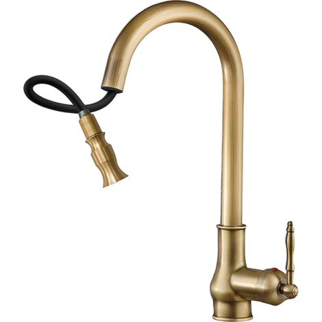Robinet mitigeur de cuisine antique extractible avec douchette, laiton pivotant à 360° levier eau chaude et froide, grande arche, bec haut, fini laiton brossé (1/5)