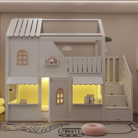 Cama litera infantil 90x200 cm tipo casita con somier de láminas escalera de almacenamiento estantes y led - cama alta nido de madera para dormitorio niños - blanco (1/5)