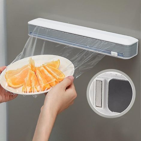 Distributeur mural durable à ventouse pour film alimentaire avec coupe-film plastique et boîte de rangement pour film étirable. (1/5)