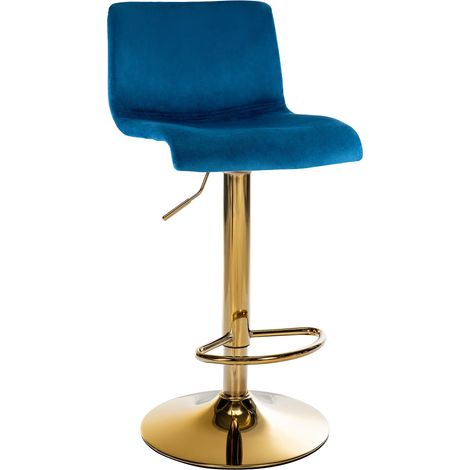 Tabouret de bar x1 en velours bleu réglable en hauteur 59-80 cm pivotant 360° piètement métal doré avec dossier et repose-pieds 100006518 (1/5)