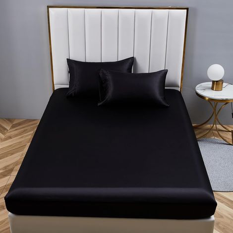 Drap Housse 140x190 Satin Noir Uni Bonnet 30 cm Soyeux Brillant Luxe Soie Drap de lit en Satin de Soie Polyester Douce Lisse Respirant pour Matelas Épais (1/5)