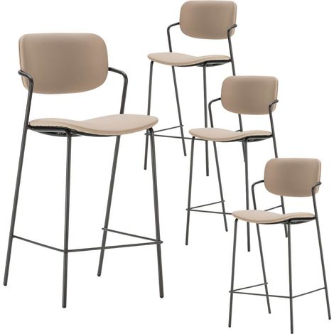 Lot de 4 tabourets de bar structure métal noir assise et dossier en PU gris bleuté - AKIMA (1/5)