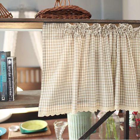 Tenda oscurante piccola per finestra in lino e cotone con passanti, motivo a quadri color cachi, tenda per soggiorno, porta d'ingresso, stile francese, 130x150 cm, 1 pezzo (1/5)