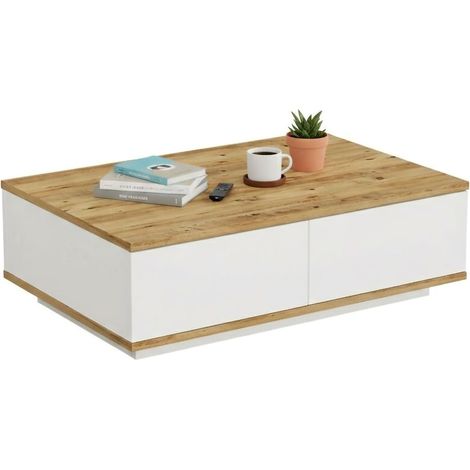 Dmora – Table basse fixe 90x60h29 cm – Chêne et blanc – Etagère de salon et porte-revues intégré – Design moderne et fonctionnel