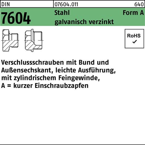 DIN 7604 Form A Sechskant-Verschlussschraube Feingewinde VG M18x1,5 Stahl 5.8 galvanisch verzinkt m. Bund 25 Stk (1/2)