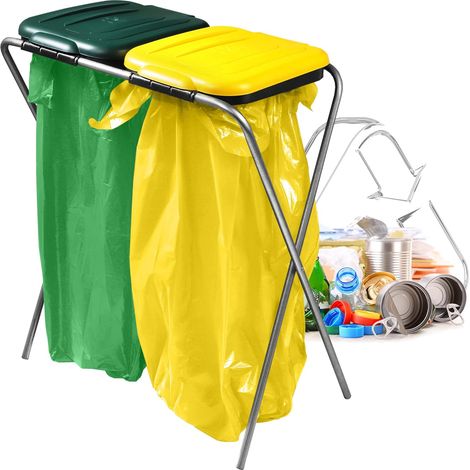 2 - Support Sac Poubelle - Porte-Sac Recyclage - Capacité 120L - Tubes Galvanisés 16mm - Intérieur Et Extérieur - Jaune Et Vert