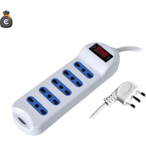 Multiprise À 5 Prises Avec Interrupteur Lumineux Et Fiche Coudée À 90°, Câble De 1,5 Mètre, Puissance Maximale 2500 W, Couleur Blanche (1/3)