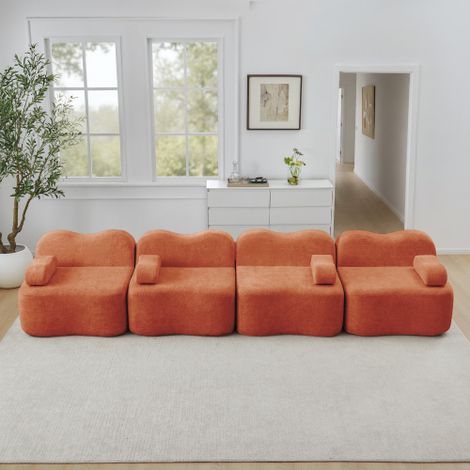 Canapé modulable 4 places sans armature orange, forme ondulée, mousse haute densité 32D, assise profonde, coussins d'accoudoirs mobiles, idéal pour salon (1/5)