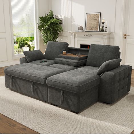 MODFU – Divano angolare 3 posti convertibile 237x141x86 cm con vano contenitore, tavolino e USB, rivestimento in ciniglia – Grigio (1/5)