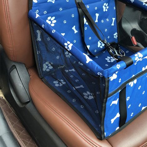Siège rehausseur de voiture pour animaux de compagnie, respirant, lavable, facile à monter et portable, pour chiens et chats. Motif empreintes d'os bleus. Barre de soutien renforcée. (1/5)