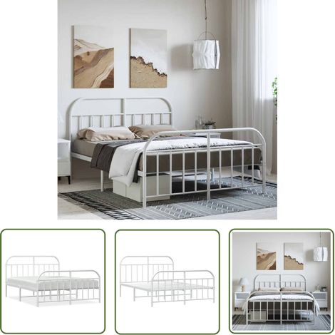 The Living Store Cadre de lit métal sans matelas et pied de lit blanc 150x200 cm - Cadre De Lit - Lit Double - Lit Metal - Lit Blanc - Meuble Chambre (1/5)