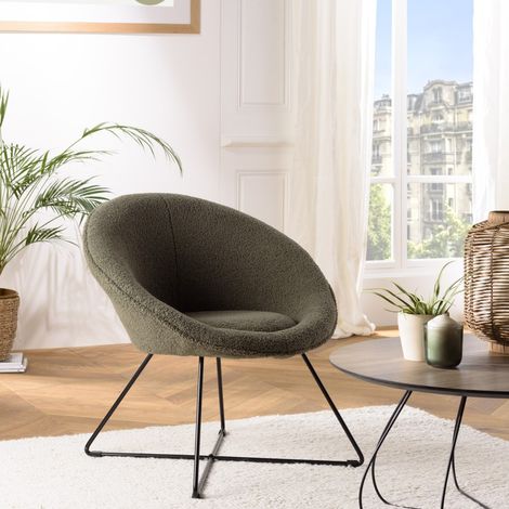AGATHE - Fauteuil tissu bouclette vert kaki pieds croisés métal noir (1/5)
