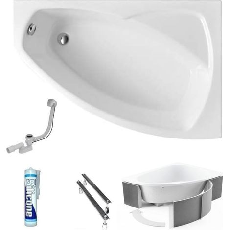 ECOLAM Baignoire d'angle acrylique Frida Polimat 150x100 cm droite support universel en polystyrène pieds siphon + silicone (1/5)