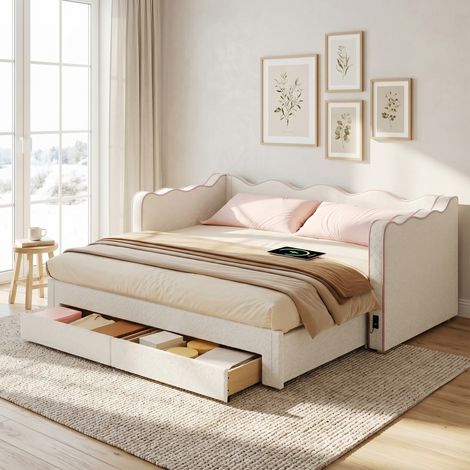 Canapé-lit capitonné bouclé beige 90x200 extensible 180 cm, lit de jour avec 2 tiroirs rangement et port USB pour salon chambre (sans Matelas) (1/5)