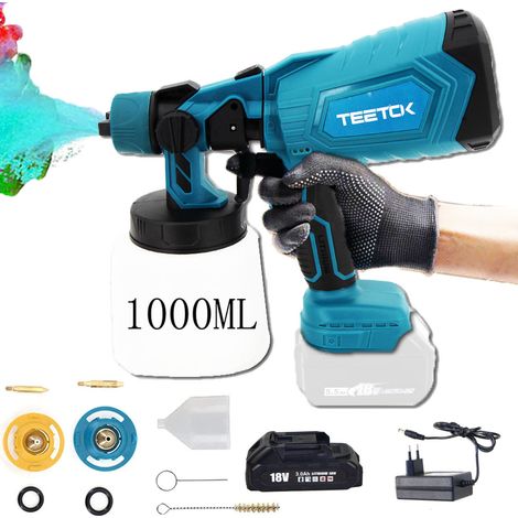 Teetok – Pistolet à peinture électrique 1000 ml – 3 modes de pulvérisation – Débit d’air 500 ml/min – Compatible avec batteries 18V lithium-ion