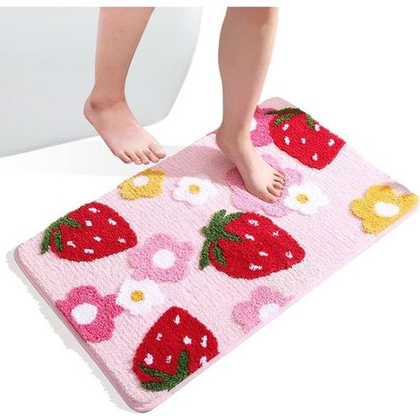 (Rose, 50x80cm)Tapis de Bain Antidérapant Absorbant Paillasson Lavable Tapis de Douche Fraise Floqué Tapis pour Chambre Salle de Bain Décor à la Maison (1/5)