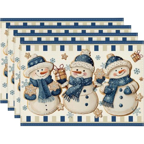 Ensemble de 4 sets de table de Noël avec bonhomme de neige et flocons de neige - 30 x 45 cm - Sets de table festifs pour les fêtes de fin d'année (1/5)