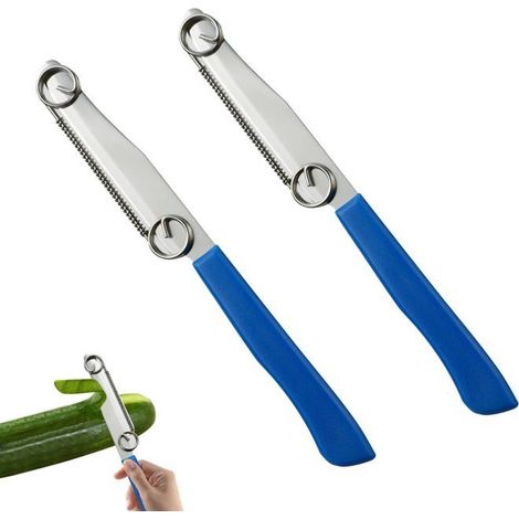 Couteaux coupe-légumes 3en1 - 2 pièces, acier inoxydable, ressort réglable - Convient pour concombre, carotte, pomme de Étiquette (1/5)