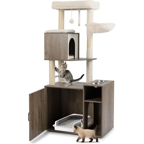 COSTWAY Mobiletto per Lettiera per Gatti, Tiragraffi per Gatti con Posto Graffio in Sisal，Grigio (1/5)