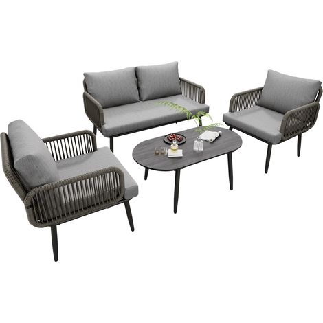 Conjunto de Jardín de 4 Plazas en Poliéster con Sofá, Mesa, 2 Sillones y Cojines Cómodos, Gris (1/5)