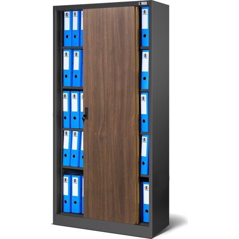 Armoire de bureau en métal avec portes coulissantes KUBA, 900 x 1850 x 400 mm, Eco Design: anthracite/ noyer