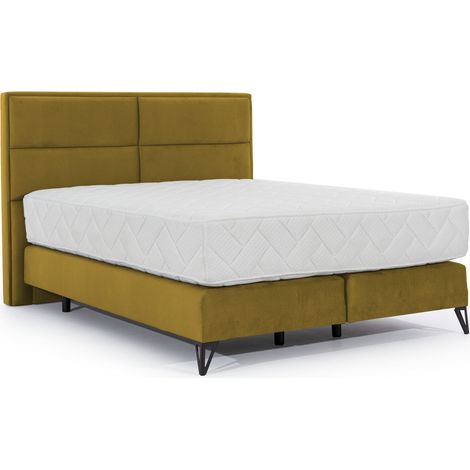 Lit continental tissu jaune moutarde Tiempo avec matelas 30cm en latex et pied métal noir-180x200 (1/5)