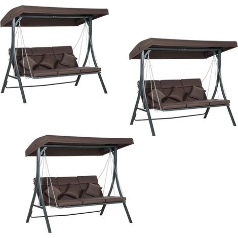 3er-Set hollywoodschaukel 3-Sitzer, Schaukelbank mit Verstellbarem Sonnendach, mit Kissen, bis 270 kg Belastbar, Metall, Texteline, Braun