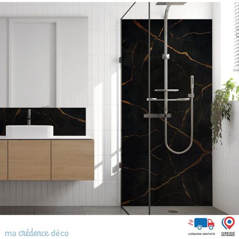 Panneau de douche : Ardoise noire et lignes dorées - Couleur Beige - Alu composite - 90 - 245 (1/3)