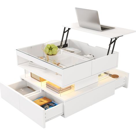 Table basse réglable en hauteur pour salon avec éclairage 16 couleurs, plateau en verre et supports en acrylique