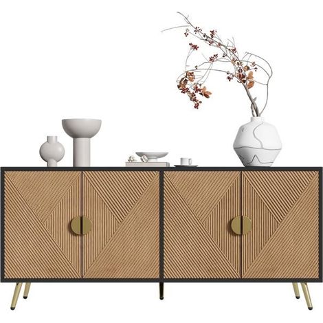 Buffet 160 cm, quatre portes rangement généreux Buffet salon, poignées dorées brossées, pieds brillants, charnières soft-close (1/5)