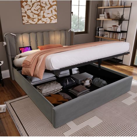 DESVIAE Lit double rembourré en velours avec lampe de lecture USB coffre de rangement 140 x 200 cm gris (1/5)