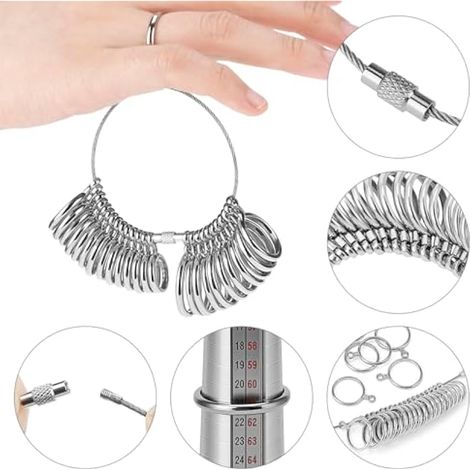 Baguier mesureur set, détermineur de tailles de bague en métal, 41-76 tailles UK EU, mètre de bague (1/5)