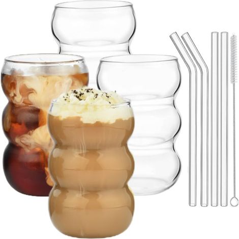 Set di 4 bottiglie d'acqua in vetro da 550 ml in acciaio inox con 4 cannucce riutilizzabili e 1 spazzolino per la pulizia inclusi.