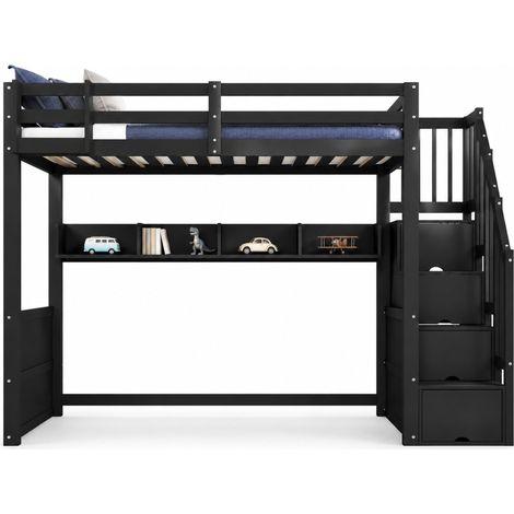 Lit mezzanine 90x200 avec rangements sous le lit, escalier coffre, LED et garde-corps, bois noir, pour chambre enfant - CHICFURN (1/5)