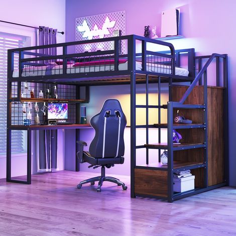 Lit mezzanine 140x200 cm - avec échelle de rangement - avec penderie - rangements et table - noir (matelas non inclus)