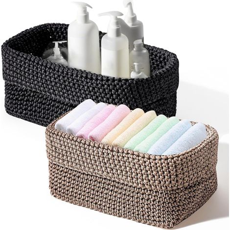 Petit Panier Rangement, Panier Salle de Bain, Petit Panier, Paniers Tressé Empilable pour Rangement Cosmétique Chambre Table à Langer(Marron + Noir, 2 Pièces) (1/5)