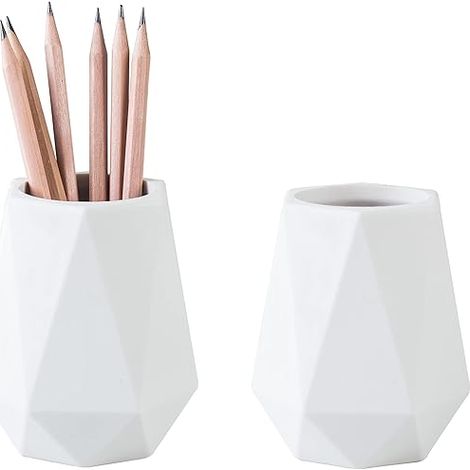Pot à crayons en silicone pour bureau, joli pot à crayons géométrique pour enfants, organiseur de bureau (lot de 2, blanc) (1/5)