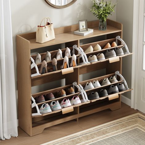 Zapatero de 4 abatibles con frente 3d y bandeja superior, en MDF, natural, 105x24x90 cm (1/5)