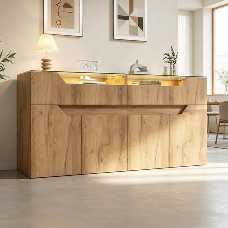 Buffet avec plateau en verre trempé, 140 x 40 x 70 cm, commode imitation bois avec 2 tiroirs, meuble de rangement en MDF pour salle à manger et salon, capacité de charge 30 kg (1/4)