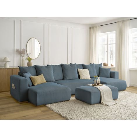BOBOCHIC - Canapé panoramique convertible réversible coffre SIDONIE velours côtelé avec pouf Bleu foncé (1/5)