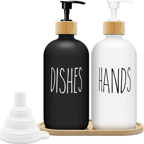 Distributeur de Savon Noir et Blanc Mat Set 500ml Distributeur de Savon en Verre avec Plateau de Liquide Vaisselle (Noir+Blanc) (1/5)