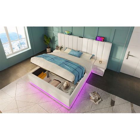 Lit rembourré 160×200, lit double avec rangement, contrôle via application LED et fonction de charge USB-C, cadre de lit avec sommier à lattes, PU, blanc, sans matelas ni table de chevet (1/5)