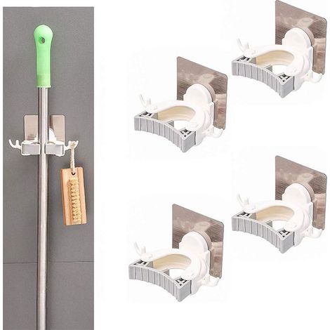Accroche Balai 4 Pièces, Adhésif Mop Support avec Crochets, Support de Rangement Mural Auto-Adhésif Outils Pince à Ressort Organisateur De Stockage pour Cuisine Balcon Garage Gris (1/5)