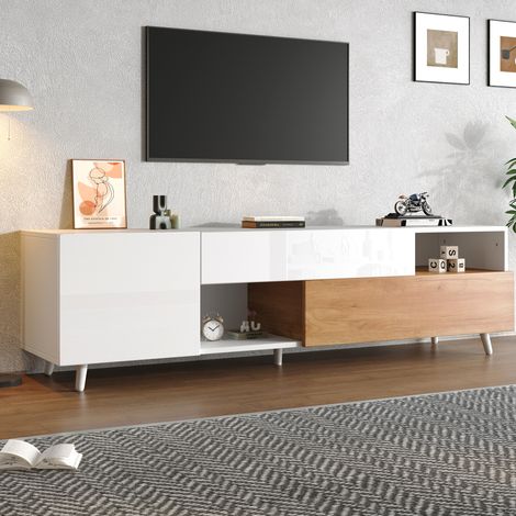 TV-Lowboard 180x38x50 cm Weiß und Natur aus Spanplatte mit Hochglanzfront, 7 Fächern und Schublade (1/5)