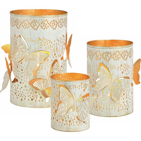 Metall Windlicht Schmetterling - 3er Set - Tischlaterne mit 3D Element - Deko Kerzenhalter Lichtspiel Wohnzimmer Terrasse Balkon