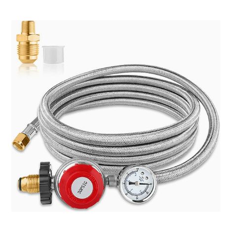 Irovami Détendeur propane haute pression réglable 0-30 PSI Flexible tressé inox 5 pieds – Pour friteuse, brûleur, foyer (1/5)
