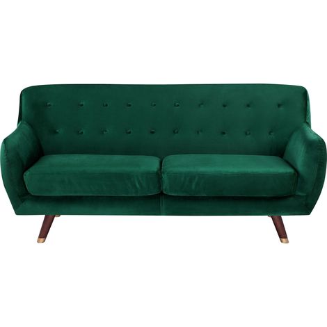 Sofá 3 plazas verde tapizado en tela respaldo acolchado abotonado asiento acolchado patas de madera Bodo