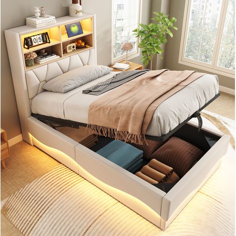 Cama infantil 90x200 cm beige de metal y lino con almacenaje hidráulico (1/4)