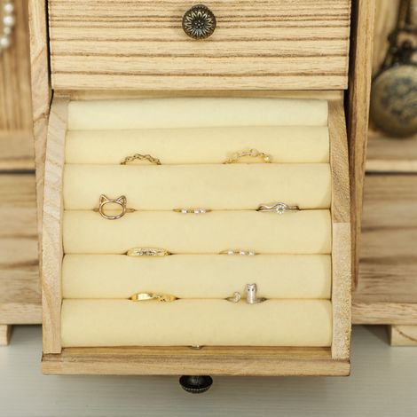Coffret à bijoux en bois brun, organiseur 4 niveaux avec miroir intégré, grande boîte de rangement pour colliers, bagues et boucles d'oreilles (1/5)