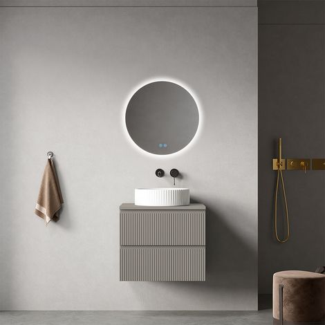 Mobile bagno sospeso cannettato 60 cm Grigio Cenere per Lavabo d'appoggio Specchio Tondo Retroilluminato - Fiji Paint Top Canneté